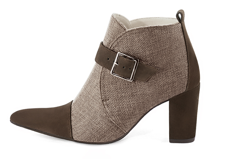Chocolate brown and tan beige women's ankle boots with buckles at the front. Tapered toe. High block heels. Profile view - Florence KOOIJMAN